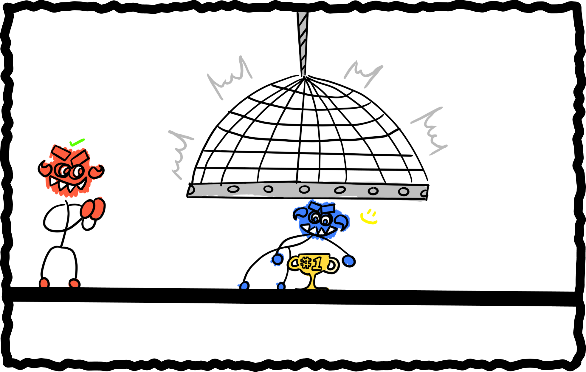 Comic panel three: Aggro and Victo face off beneath a suspended net.