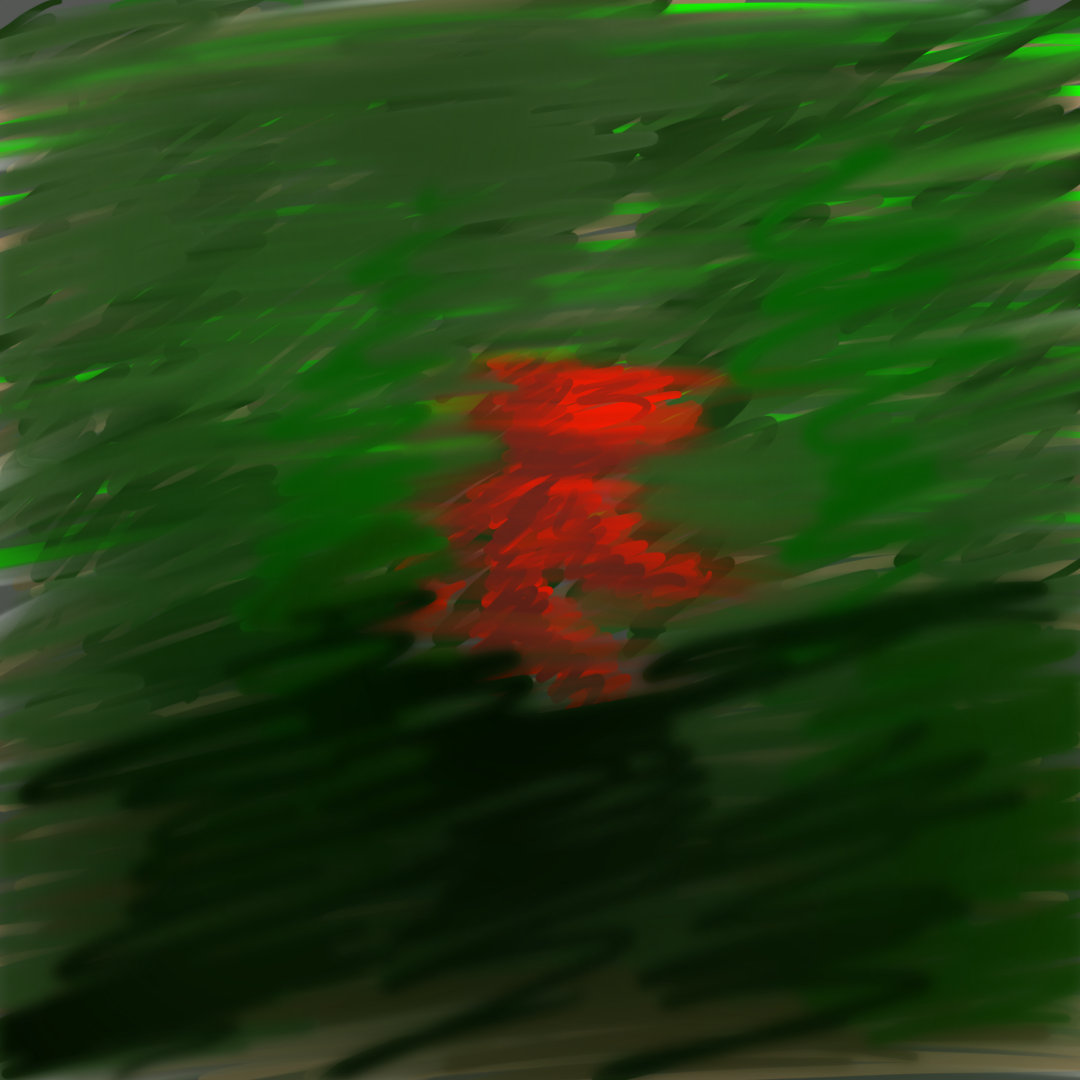 Cryptid evidence artwork, mostly hidden in dark green brush strokes