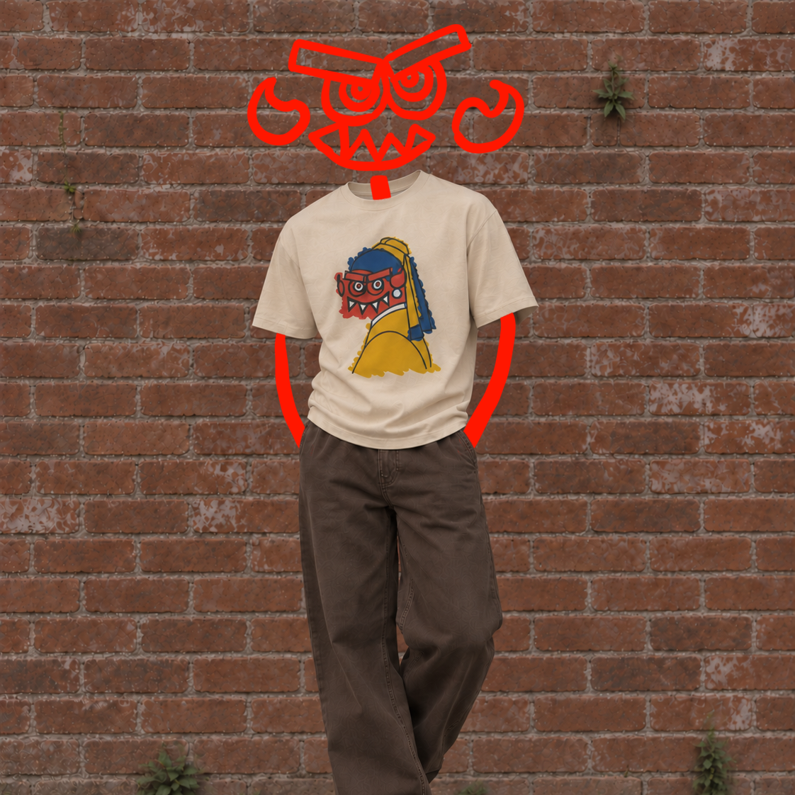 A Grimlin face appearing above a cream shirt against a brick wall