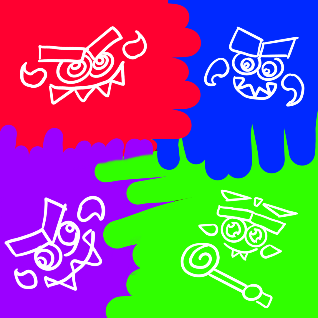 Four Grimlin faces in red, blue, purple, and green panels