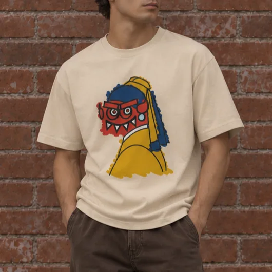 Close view of the cream G5 Pearl shirt with its bold colorful Grimlin illustration