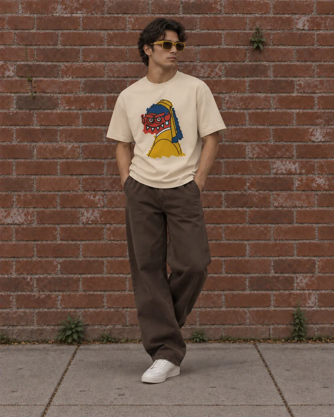 Model wearing the Pearl Grimlin shirt against a brick wall